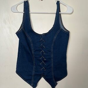 Love Tree Dark Blue Lace-Up Denim Top